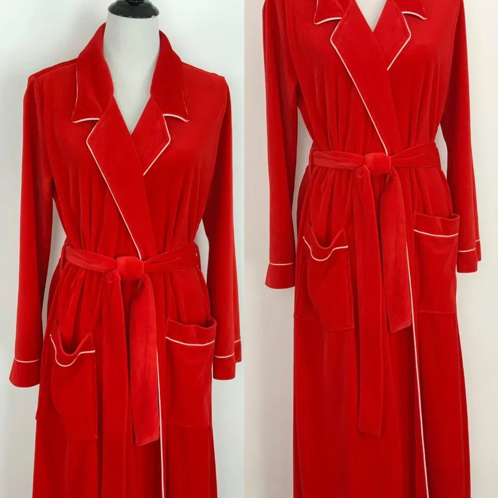 Vintage 80s Pierre Cardin Red Maxi Robe With White Piping Sz M - Picture 6 of 16